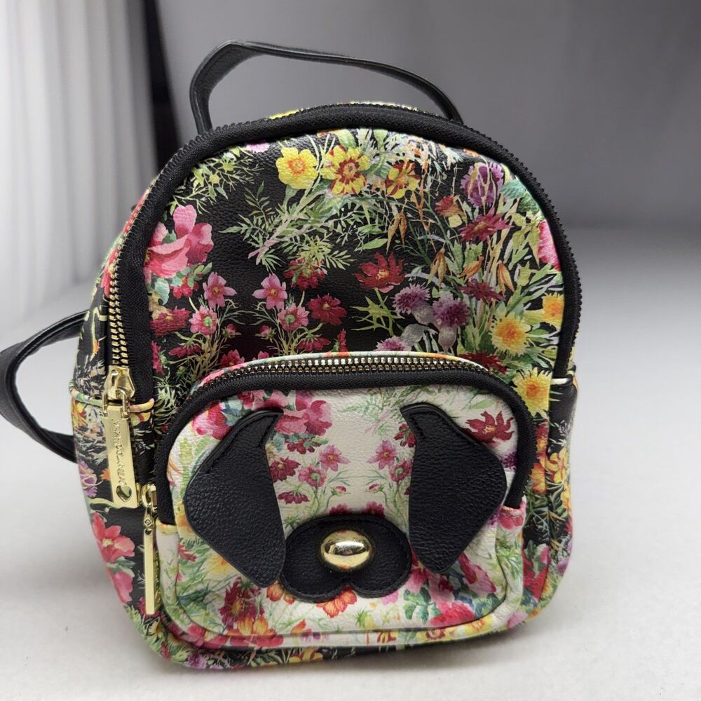 Betsey Johnson Mini Backpack Floral Dog Face Bag Black Multicolor Novelty